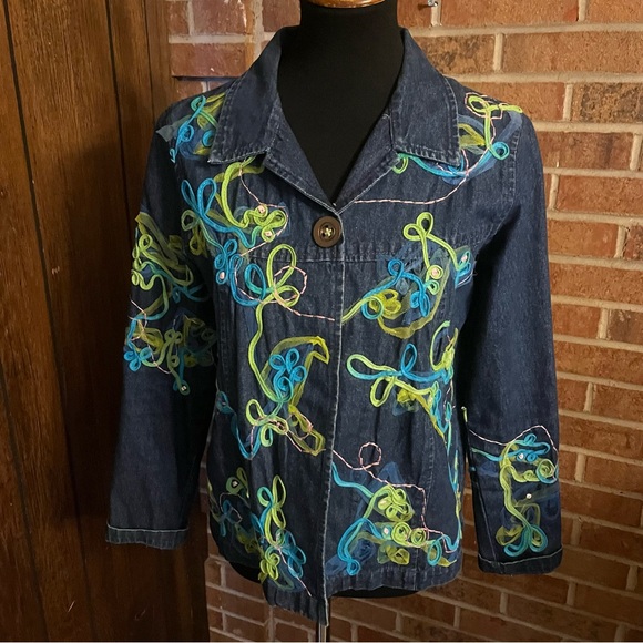 CHOICES Women PM Denim Jacket Ribbon Embellished Blue Snap Closure Long Sleeves - Picture 3 of 16